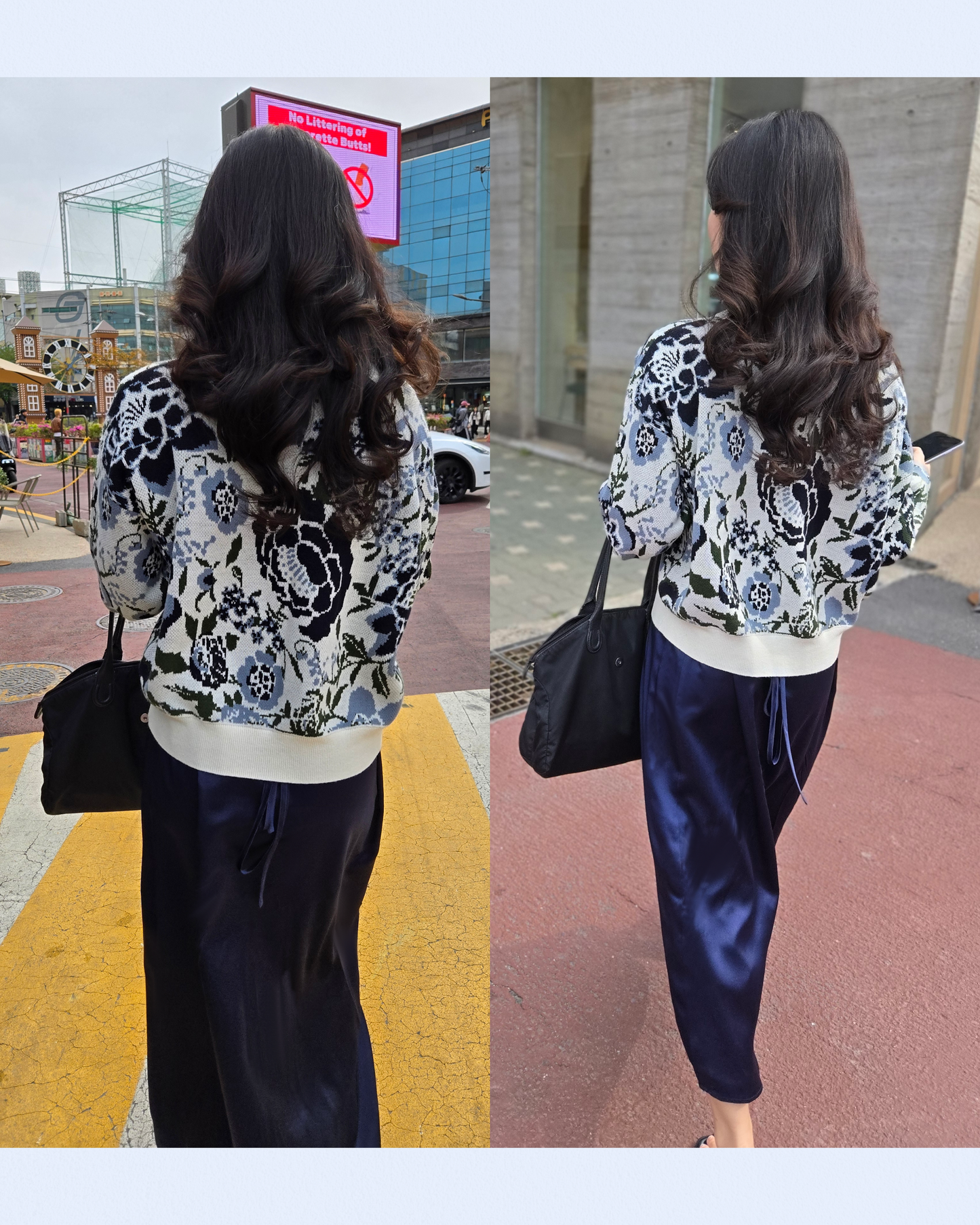 100% Silk Maxi Dress in Midnight Navy Manoir de Soie | two images of a model walking down the street wearing Manoir de Soie's 100% Pure Mulberry Silk Dress in Midnight Navy