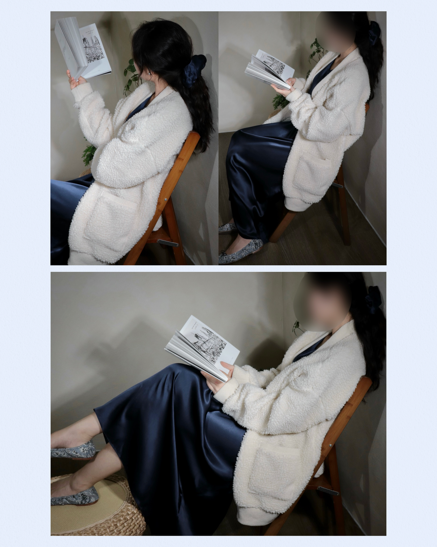 Woman comfortably reading a book while sitting on a wooden chair, wearing a Midnight Navy 100% mulberry silk maxi dress and a cozy white cardigan. This image highlights the relaxed fit and elegant drape of the silk dress, perfect for luxurious loungewear or comfortable home wear. A matching silk scrunchie is visible in her hair.
