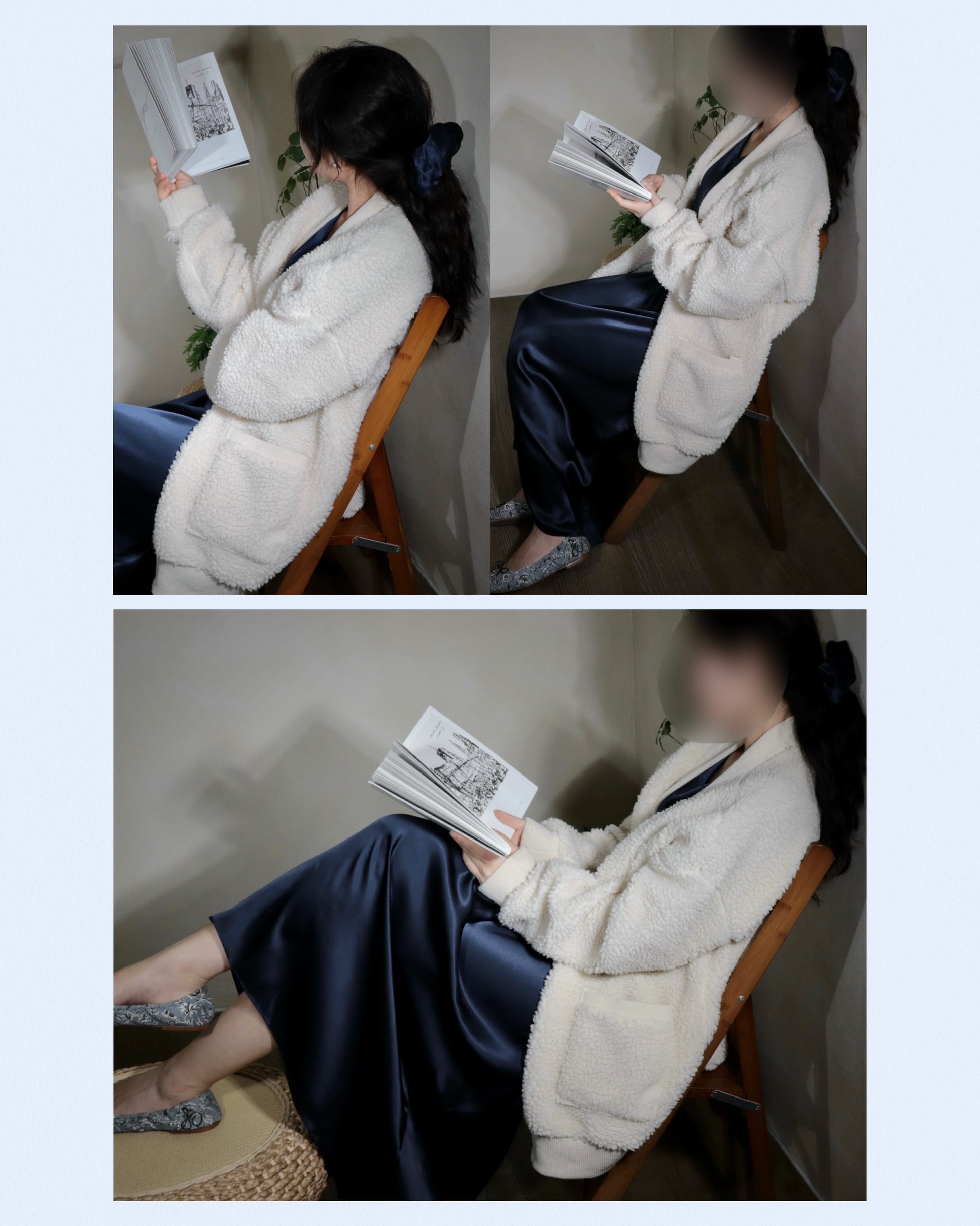 Woman comfortably reading a book while sitting on a wooden chair, wearing a Midnight Navy 100% mulberry silk maxi dress and a cozy white cardigan. This image highlights the relaxed fit and elegant drape of the silk dress, perfect for luxurious loungewear or comfortable home wear. A matching silk scrunchie is visible in her hair.