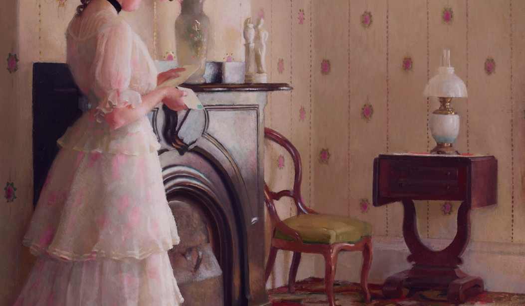 A classical painting, likely featured on the homepage, depicting a woman in a light, flowing, layered dress standing elegantly beside a richly decorated fireplace and mantelpiece, holding a letter. The detailed indoor setting, complete with patterned wallpaper, an antique lamp, and a chair, conveys a sense of timeless grace and refined elegance, characteristic of the Manoir de Soie brand.