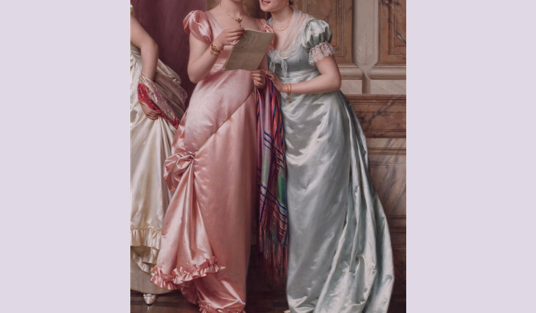 A close-up detail of a classical painting depicting two women in elegant, flowing gowns, one in pink and the other in a light blue-gray, with a colorful striped scarf draped between them. This image conveys a sense of timeless elegance and sophisticated beauty, aligning with the aesthetic of the Manoir de Soie brand.