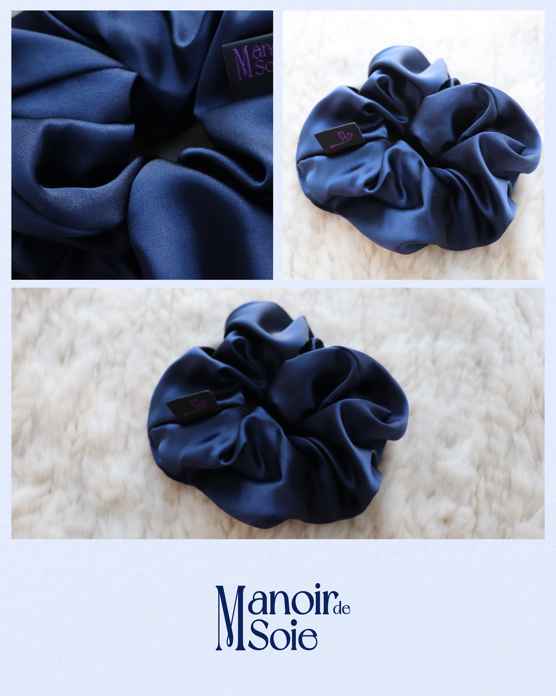 Close-up collage featuring a Midnight Navy mulberry silk scrunchie, highlighting its smooth, elegant fabric and discreet brand tag. Includes various angles and a detailed fabric shot, with the "Manoir de Soie" logo below.
