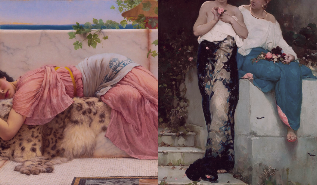 A composite image for the homepage, featuring two classical paintings side-by-side. The left painting depicts a woman in a light gown, conveying an elegant scene. The right painting shows two women in elegant gowns, suggesting a refined and relaxed gathering. This combined image reinforces the brand's timeless elegance and classical aesthetic.