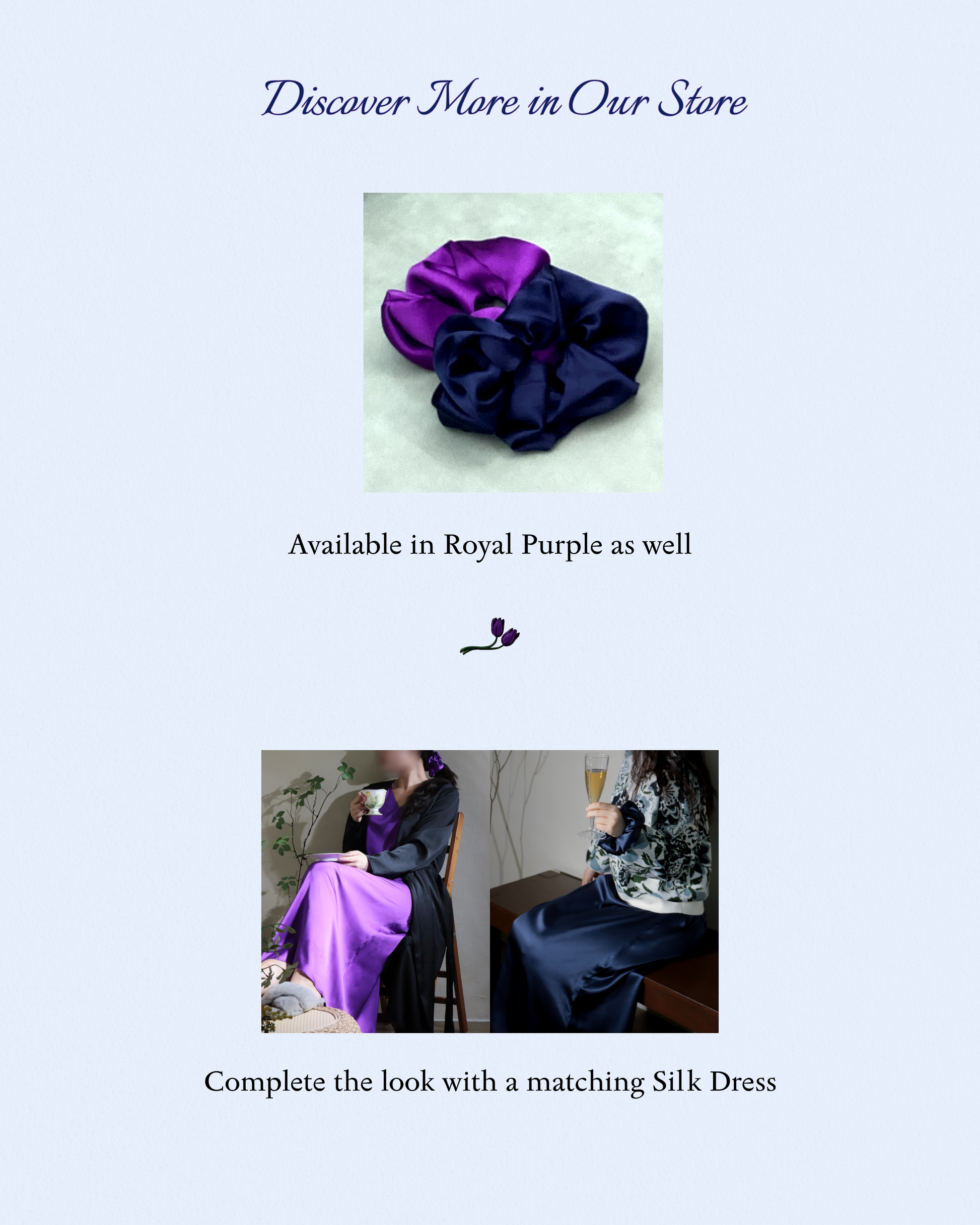 Three images featuring royal purple and midnight navy mulberry silk scrunchies: one worn on hair with a matching silk dress, another on a wrist, showcasing elegant styling for thick and thin hair and everyday outfits.
