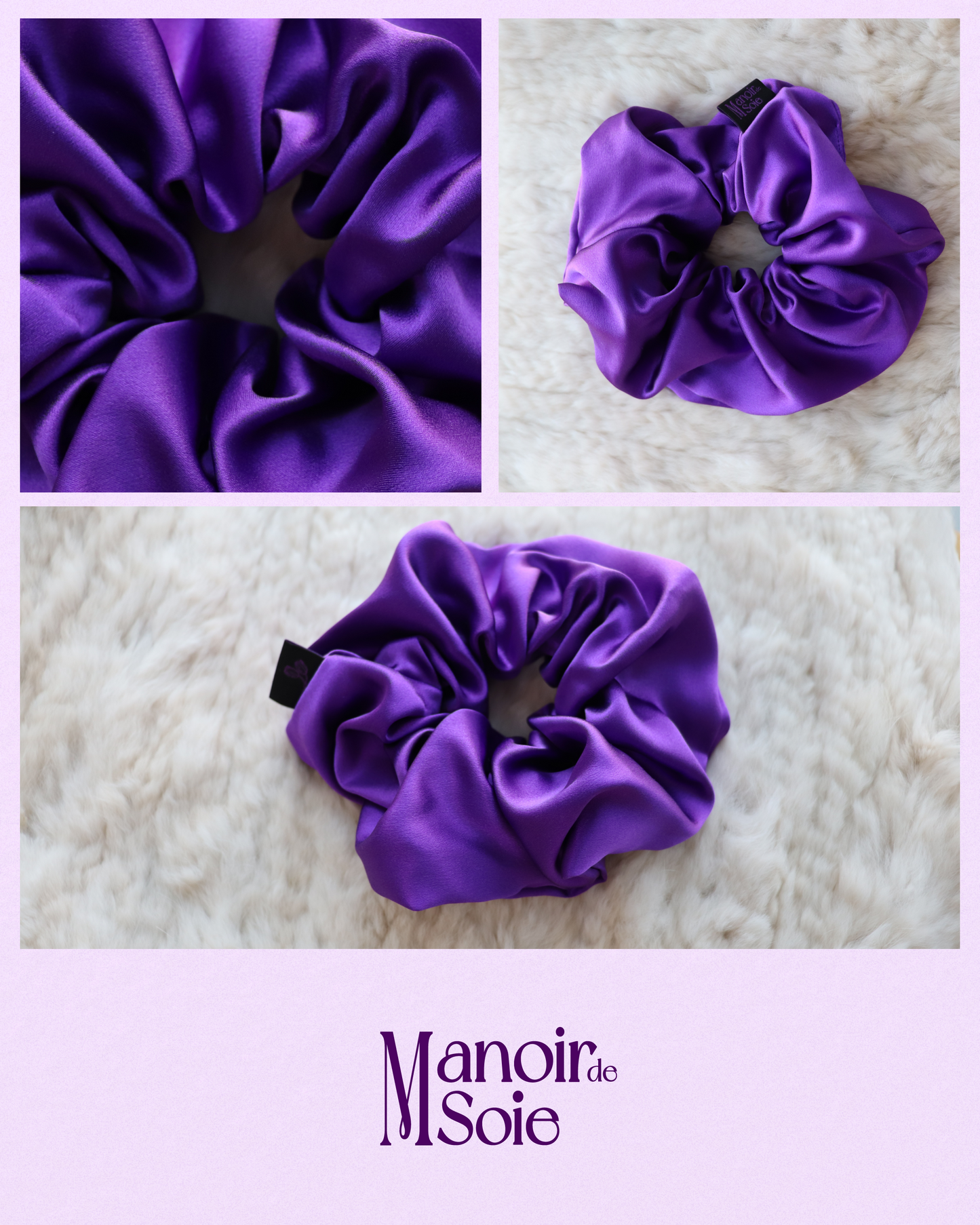 Close-up collage featuring a Royal Purple mulberry silk scrunchie, highlighting its smooth, elegant fabric and discreet brand tag. Includes a top view on a soft surface and a detailed fabric shot, with the "Manoir de Soie" logo below.
