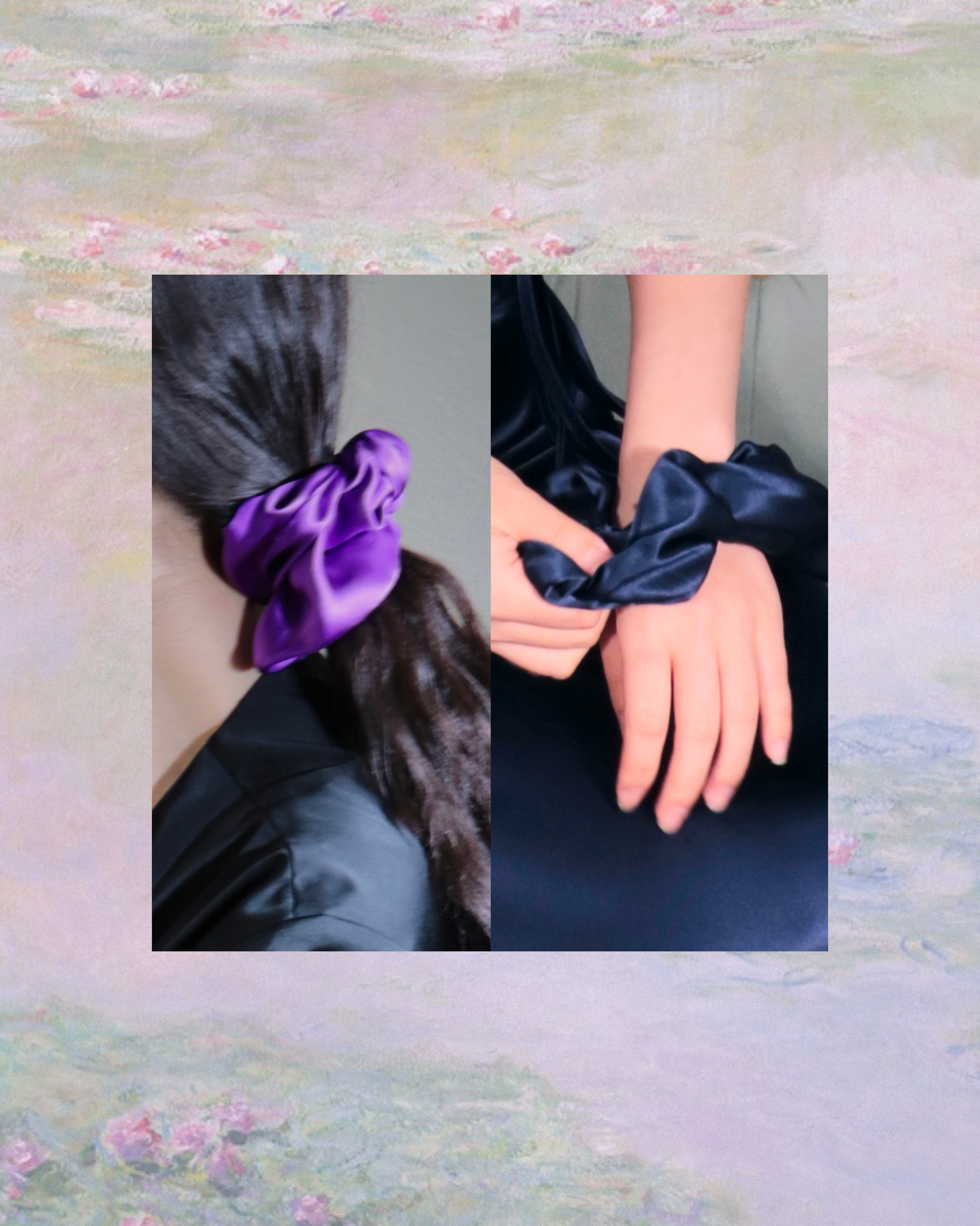 Collage of the women showcasing Manoir de Soie silk scrunchies: one with a royal purple scrunchie in her hair, and the other with a midnight navy scrunchie on her wrist.