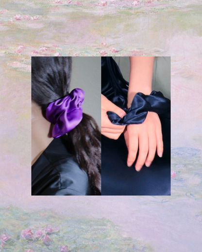 Collage of the women showcasing Manoir de Soie silk scrunchies: one with a royal purple scrunchie in her hair, and the other with a midnight navy scrunchie on her wrist.