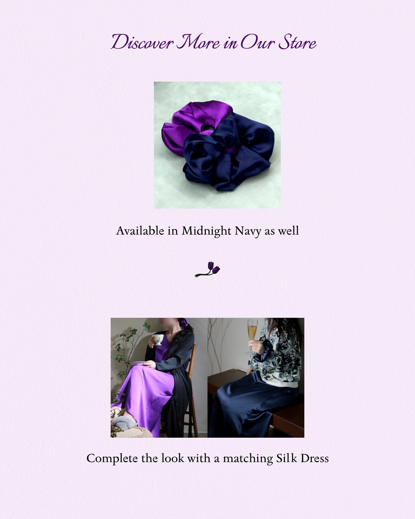Promotional collage showcasing Manoir de Soie mulberry silk scrunchies and matching silk dresses. Features a top image of Royal Purple and Midnight Navy scrunchies together, emphasizing both colors are available. Below, two women model the Royal Purple and Midnight Navy silk maxi dresses, encouraging customers to complete their look with the elegant attire.