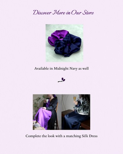 Promotional collage showcasing Manoir de Soie mulberry silk scrunchies and matching silk dresses. Features a top image of Royal Purple and Midnight Navy scrunchies together, emphasizing both colors are available. Below, two women model the Royal Purple and Midnight Navy silk maxi dresses, encouraging customers to complete their look with the elegant attire.
