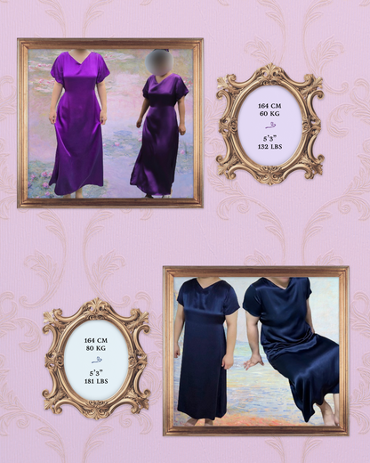 Collage showcasing the Manoir de Soie mulberry silk maxi dress in both Royal Purple and Midnight Navy, modeled by women of diverse body types. The image includes framed portraits of two women, explicitly stating their heights and weights (e.g., 164 cm, 60 kg and 164 cm, 80 kg), to demonstrate the one-size versatility and accommodating fit of the dress for various figures.