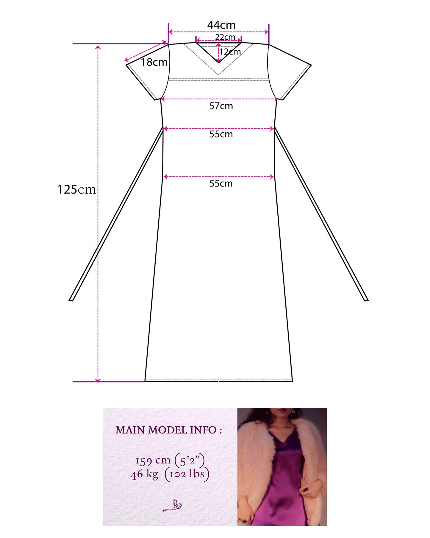 A product detail image displaying a technical flat sketch of a maxi dress with detailed measurements in centimeters (cm) for various parts like neck width, shoulder length, bust, waist, and total length (125 cm). Below the diagram, there is a section titled "MAIN MODEL INFO" providing the model's height (159 cm / 5'2") and weight (46 kg / 102 lbs), accompanied by a small photo of the model wearing the Royal Purple mulberry silk dress with a fluffy jacket, to aid in understanding the fit.