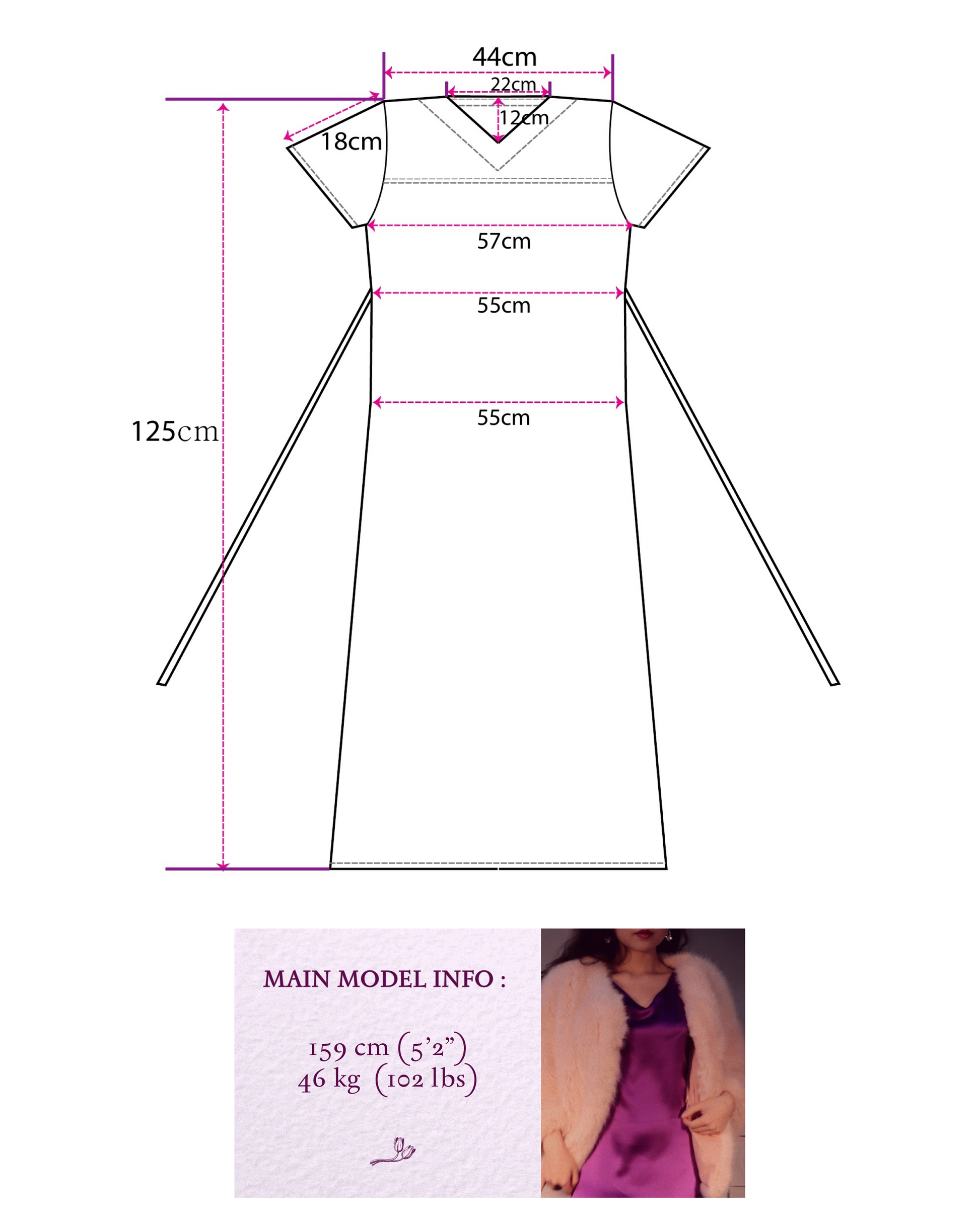 A product detail image displaying a technical flat sketch of a maxi dress with detailed measurements in centimeters (cm) for various parts like neck width, shoulder length, bust, waist, and total length (125 cm). Below the diagram, there is a section titled "MAIN MODEL INFO" providing the model's height (159 cm / 5'2") and weight (46 kg / 102 lbs), accompanied by a small photo of the model wearing the Royal Purple mulberry silk dress with a fluffy jacket, to aid in understanding the fit.