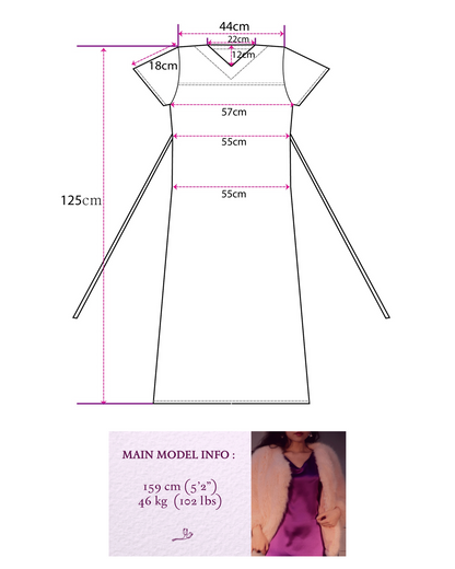 A product detail image displaying a technical flat sketch of a maxi dress with detailed measurements in centimeters (cm) for various parts like neck width, shoulder length, bust, waist, and total length (125 cm). Below the diagram, there is a section titled "MAIN MODEL INFO" providing the model's height (159 cm / 5'2") and weight (46 kg / 102 lbs), accompanied by a small photo of the model wearing the Royal Purple mulberry silk dress with a fluffy jacket, to aid in understanding the fit.