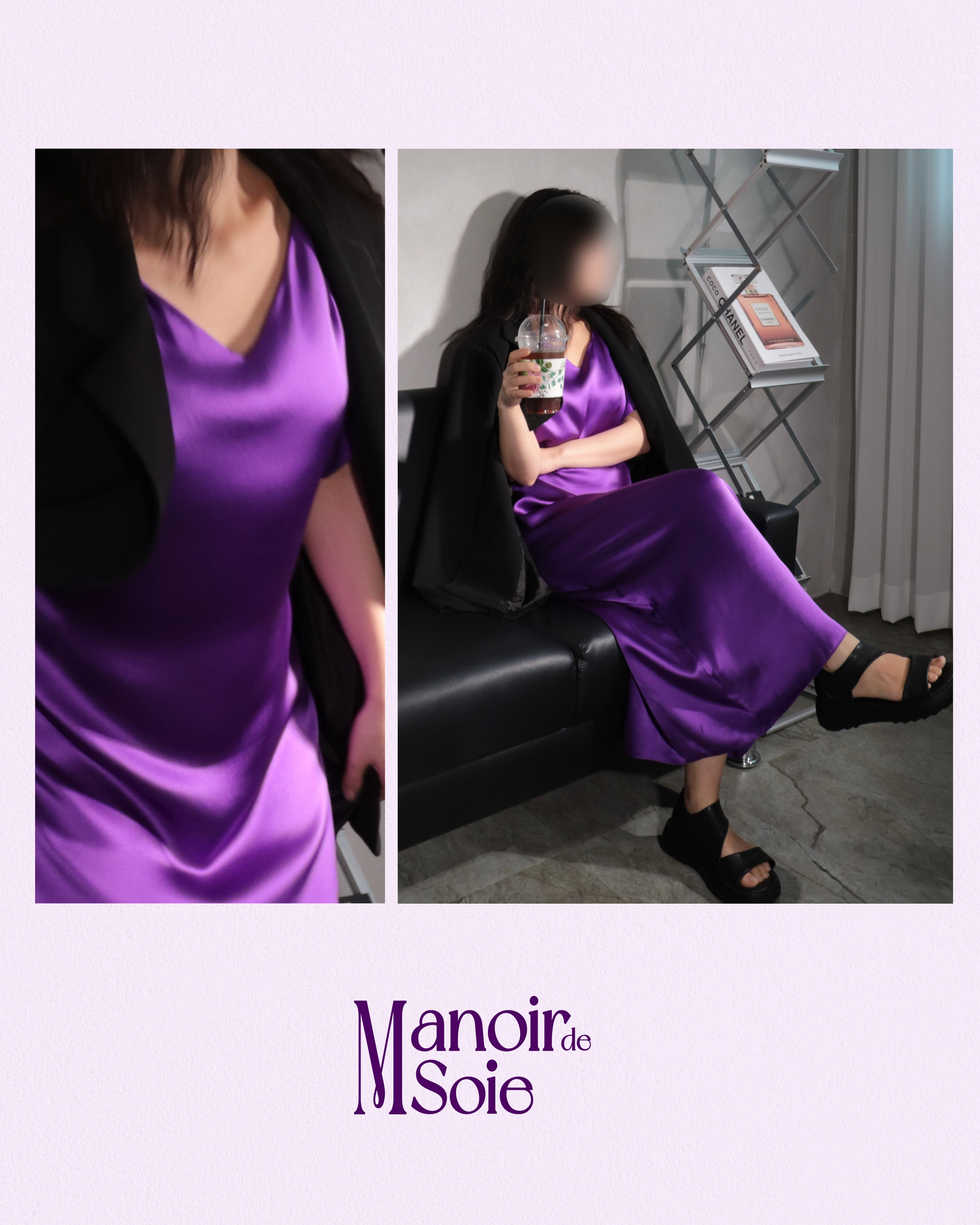 Two-panel image showcasing a woman wearing the Royal Purple mulberry silk maxi dress styled with a black jacket, emphasizing its suitability for office or professional settings. In one panel, she holds a coffee cup while seated, illustrating the dress's versatility and comfort for sophisticated everyday wear, even in a workplace environment.