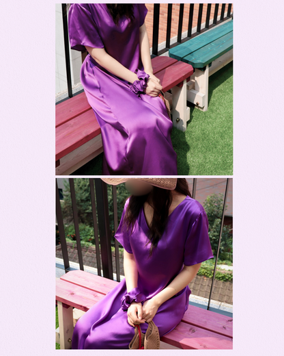Two-panel image showcasing a woman wearing the Royal Purple mulberry silk maxi dress from different angles while seated outdoors. The images highlight how the dress's luxurious fabric beautifully reflects and shimmers under natural sunlight, demonstrating its vibrant color and subtle sheen in various lighting conditions.