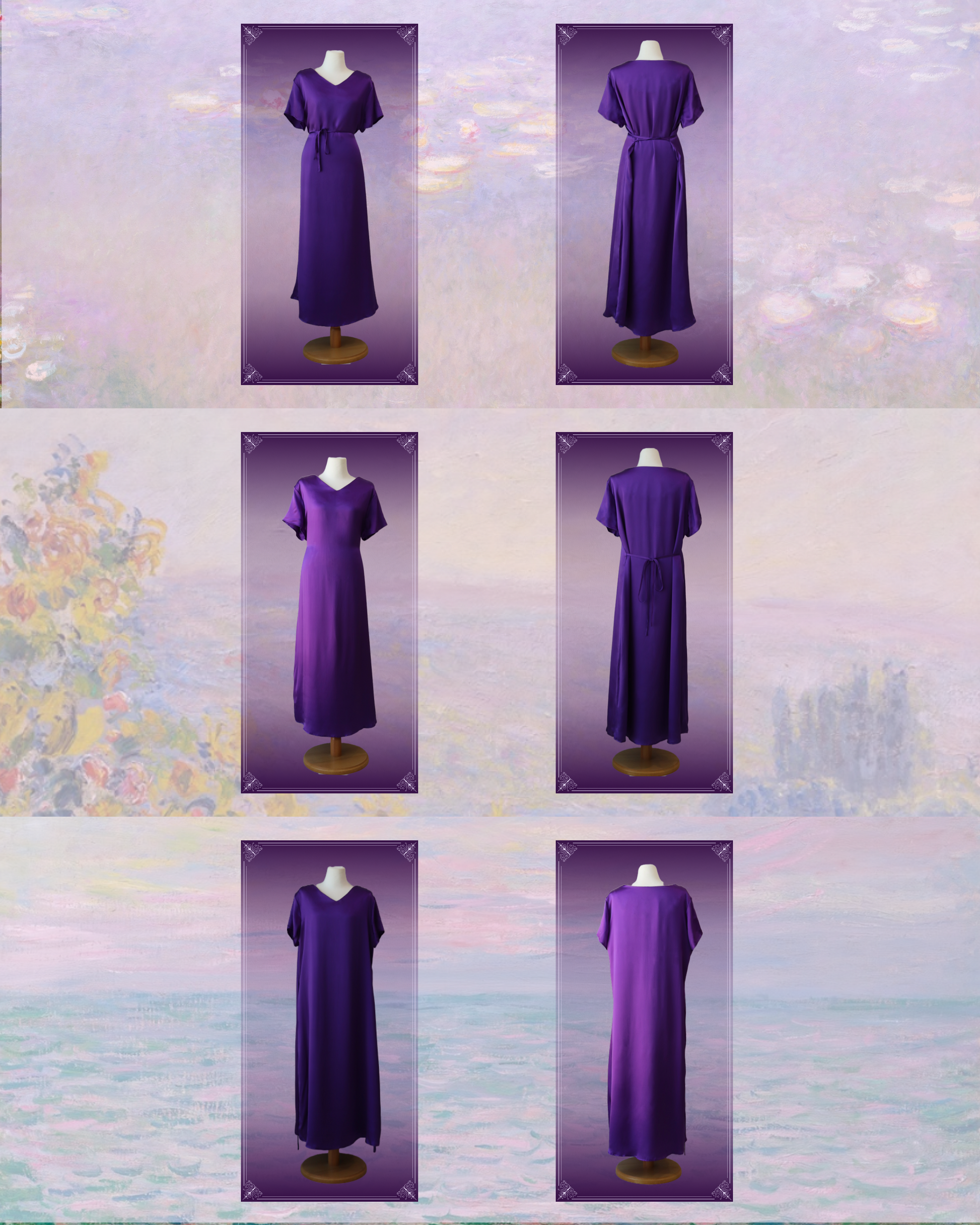 A multi-panel image displaying six different views of the Royal Purple mulberry silk maxi dress on a mannequin. The photos demonstrate the dress's versatile silhouette options created by manipulating the tie-waist string. Various styling possibilities are shown, from a relaxed, flowing fit to a more cinched, defined waist, highlighting the dress's adaptability and elegant drape.