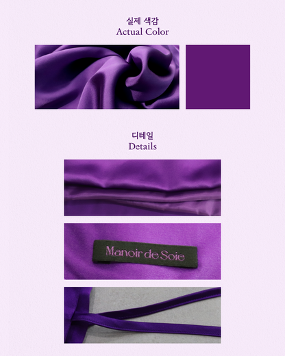 Multi-panel image showcasing the Royal Purple mulberry silk fabric. The top panel displays the actual color of the draped fabric and a solid color swatch. The middle panels provide close-up details, including the smooth texture, the "Manoir de Soie" brand tag, and the tie-waist string, highlighting the premium quality and intricate craftsmanship of the silk.