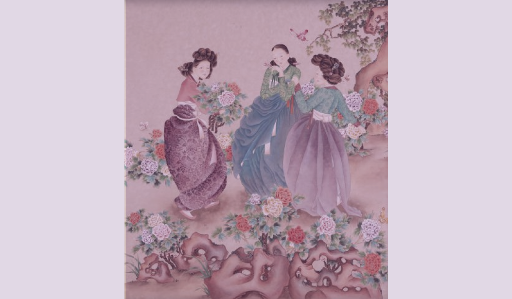 A beautiful painting by artist Moon Geum-song (문금송), featured on the homepage. The artwork depicts four women in traditional Korean hanbok dresses, surrounded by vibrant peony flowers and classical rock formations. The soft color palette and traditional style evoke a sense of grace and cultural heritage, aligning with the brand's aesthetic.